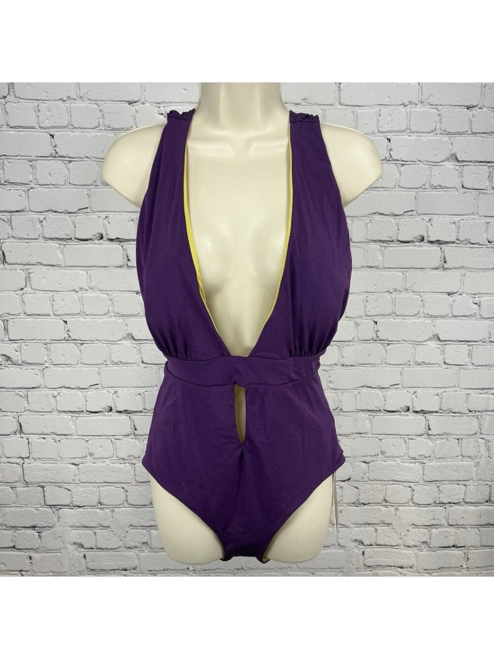 NWT A. Che Purple Gold One Piece Halter Deep V-Neck Backless Swimsuit Large L